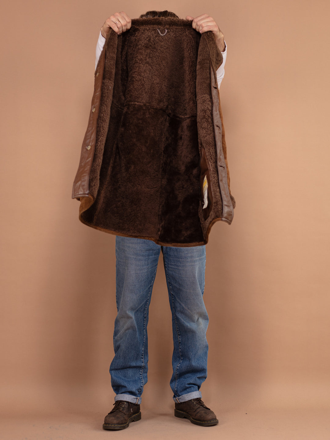Vintage 80's Men Shearling Suede Coat in Brown - NorthernGrip