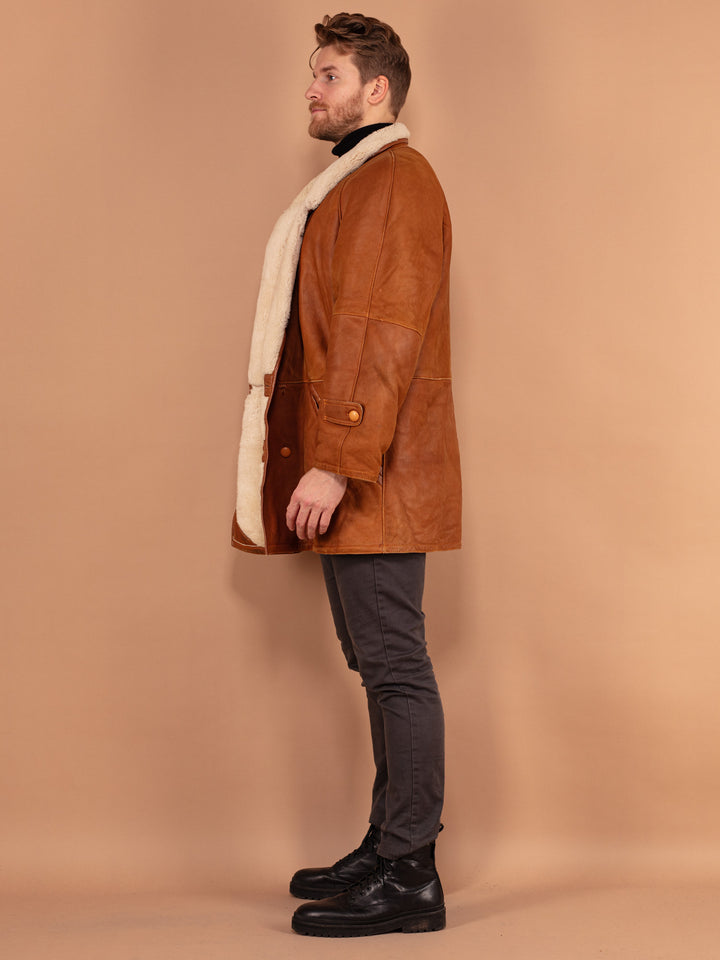 Vintage 80's Men Sheepskin Leather Coat in Brown - NorthernGrip