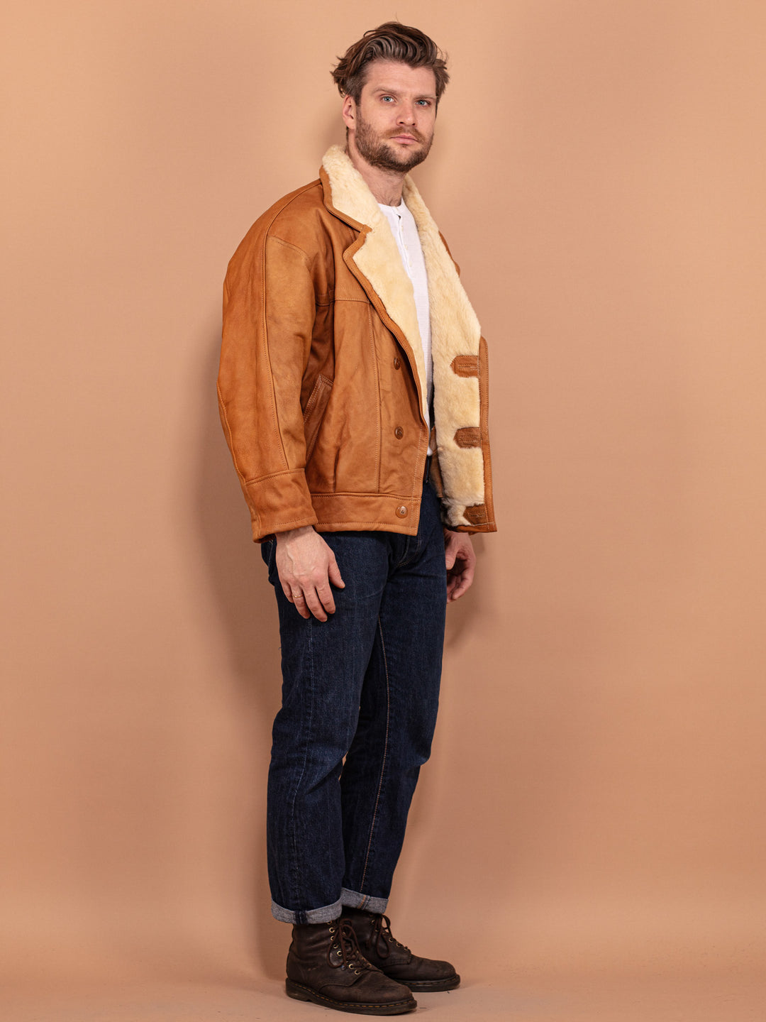 Vintage 80's Men Sheepskin Coat in Caramel Brown - NorthernGrip
