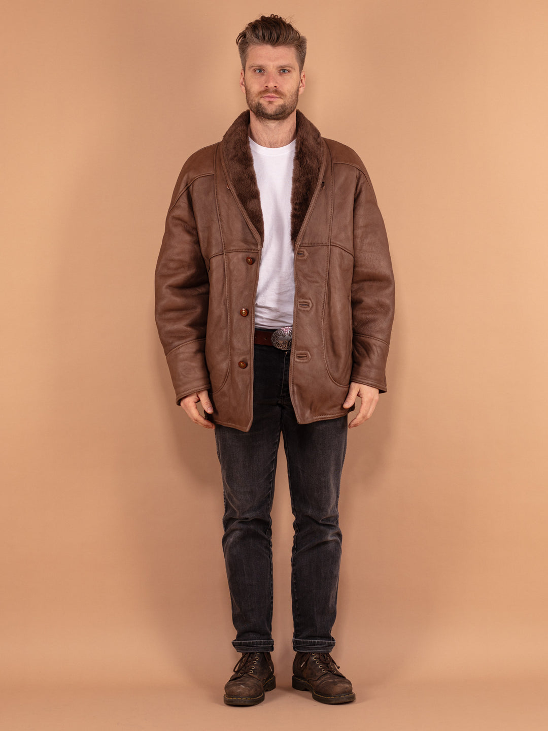Vintage 80's Men Shearling Leather Coat in Brown - NorthernGrip