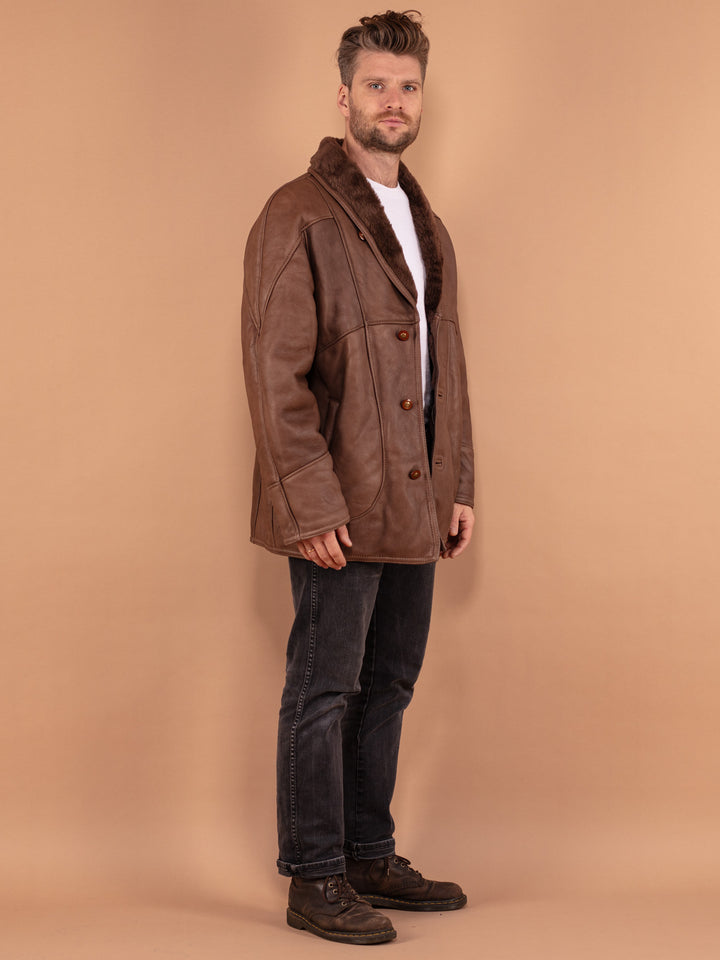 Vintage 80's Men Shearling Leather Coat in Brown - NorthernGrip
