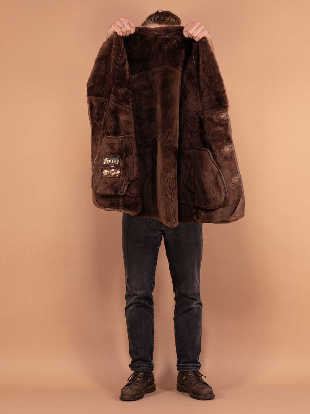 Vintage 80's Men Shearling Leather Coat in Brown - NorthernGrip