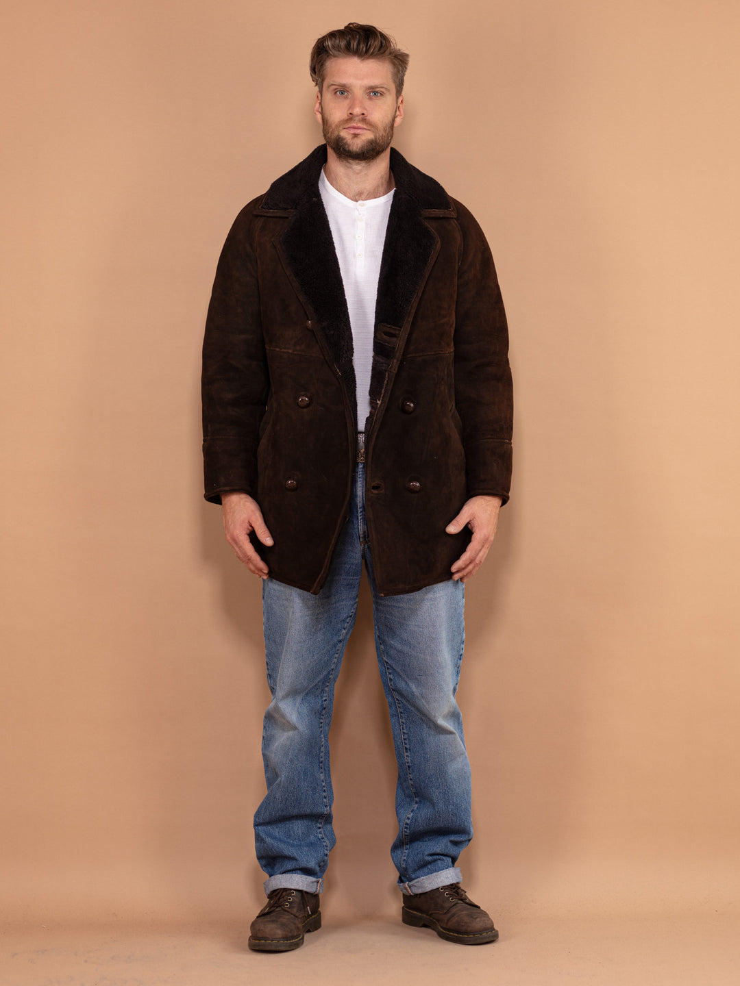 Vintage 80's Men Sheepskin Suede Coat in Brown - NorthernGrip