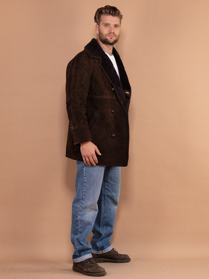 Vintage 80's Men Sheepskin Suede Coat in Brown - NorthernGrip