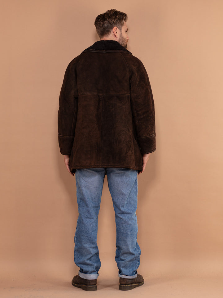 Vintage 80's Men Sheepskin Suede Coat in Brown - NorthernGrip