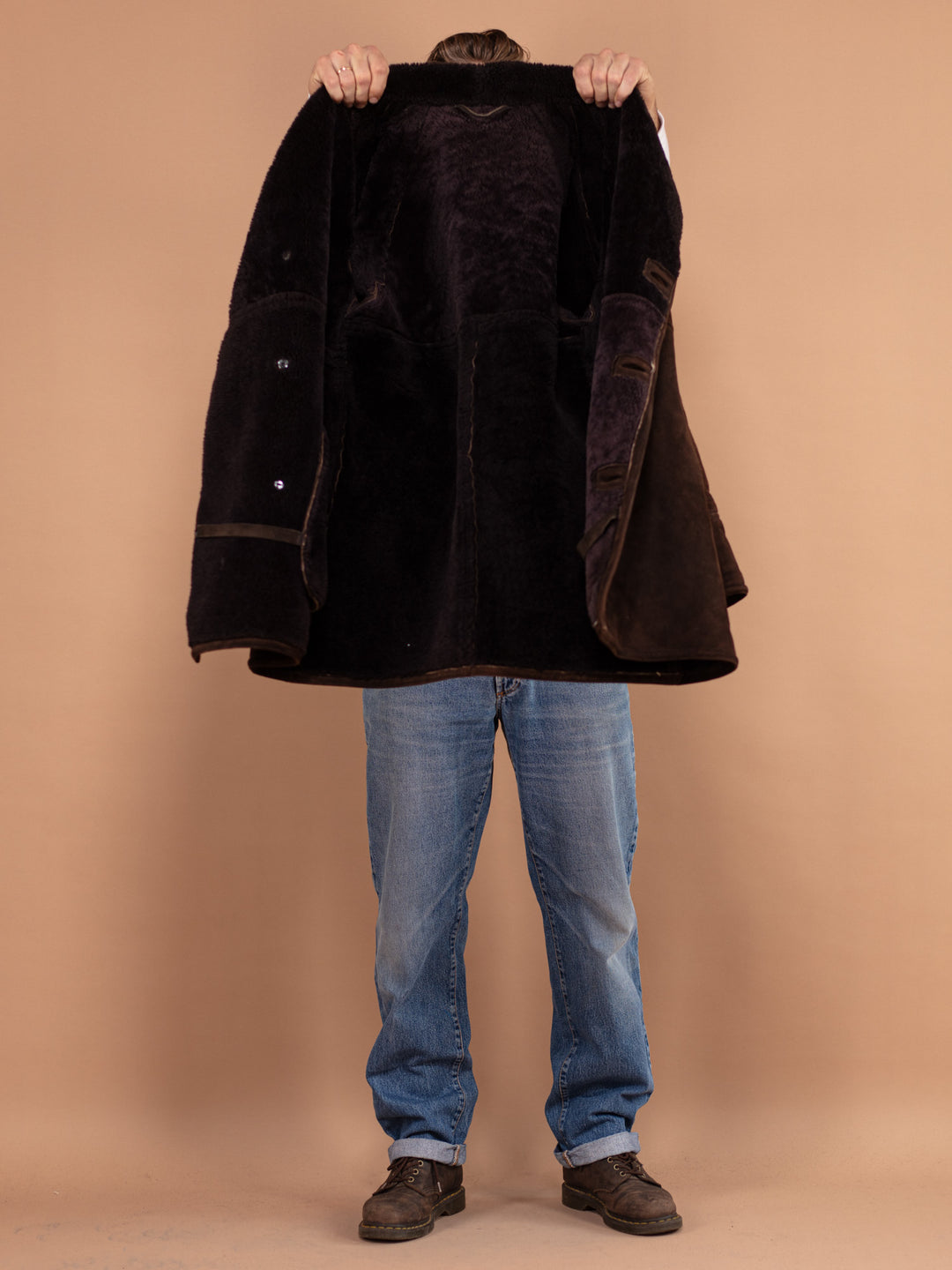 Vintage 80's Men Sheepskin Suede Coat in Brown - NorthernGrip