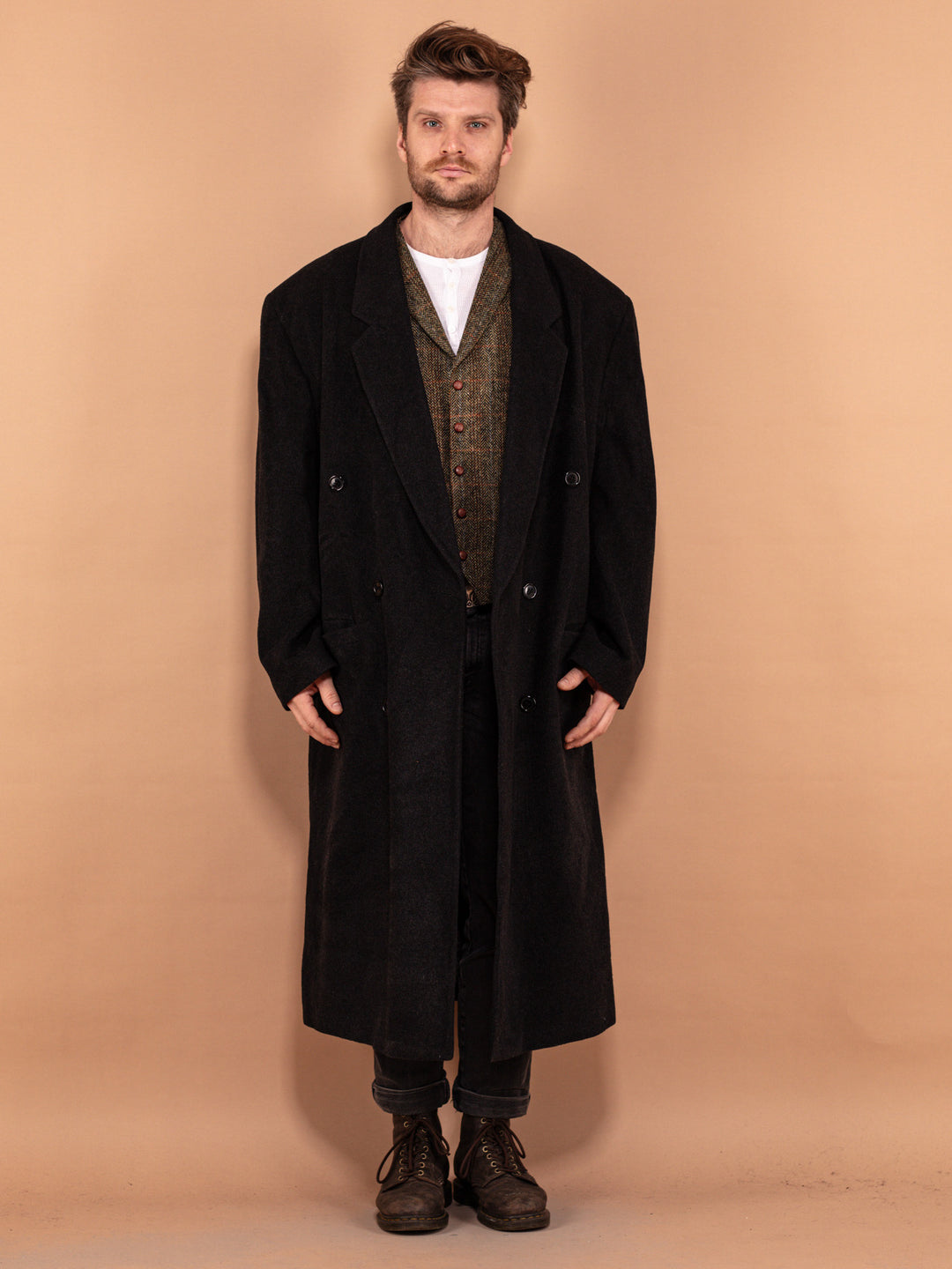 Vintage 80's Men Wool Blend Maxi Coat in Dark Grey - NorthernGrip