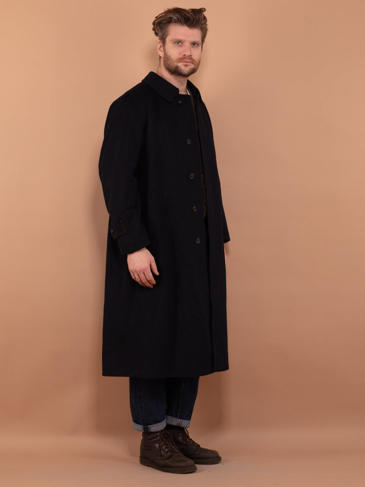 Vintage 80's Men Wool Blend Long Coat in Navy Blue - NorthernGrip