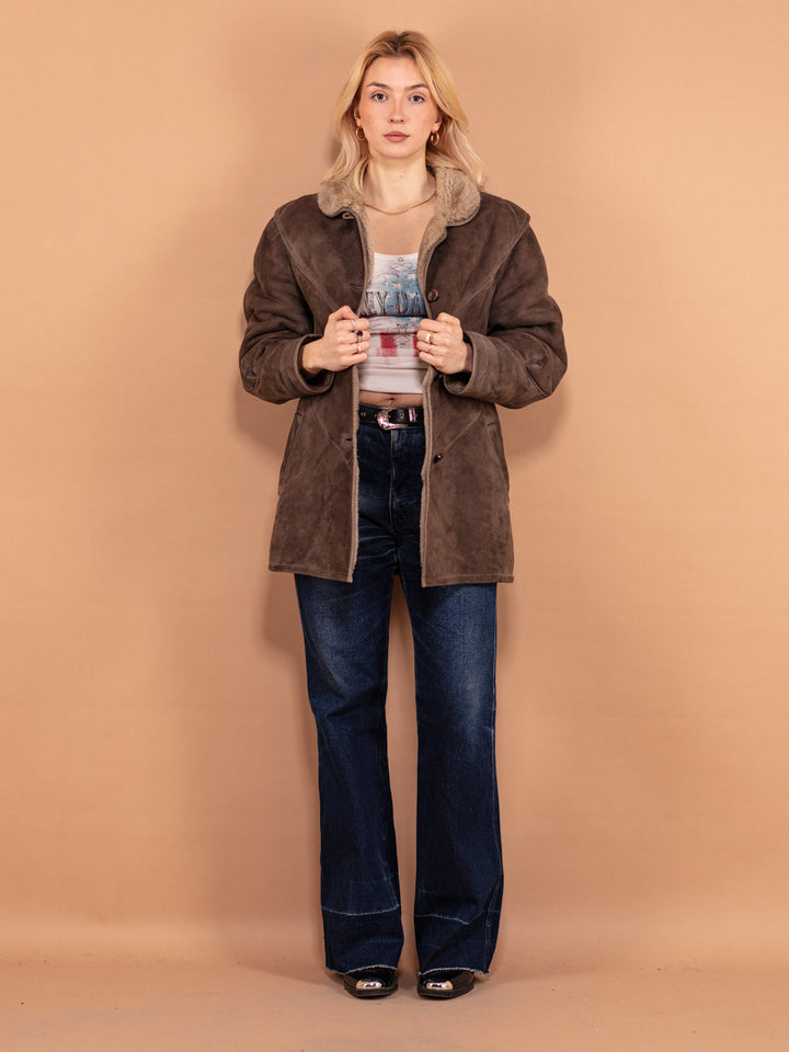 Vintage 80's Women Shearling Suede Coat in Grey - NorthernGrip