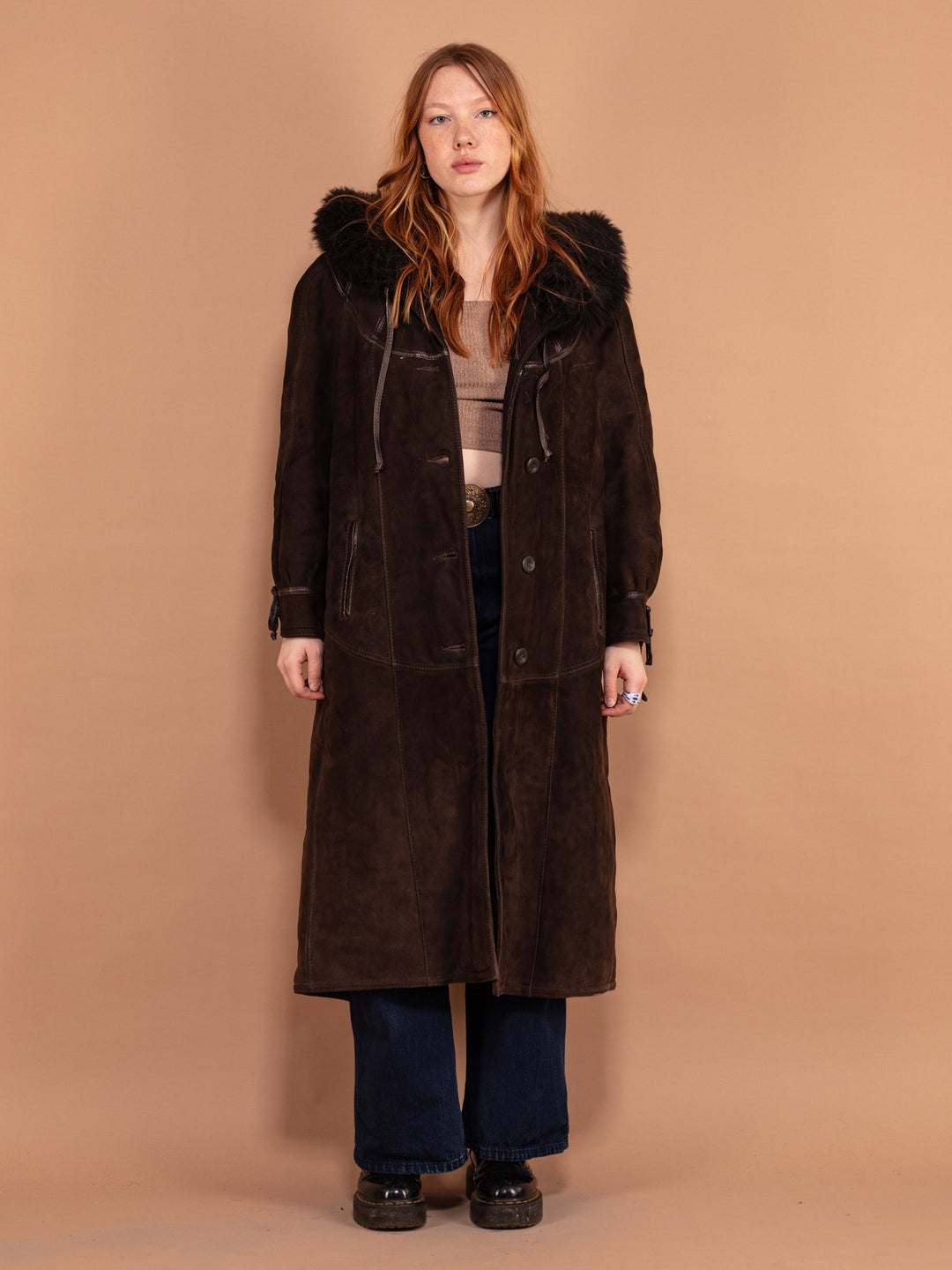 Vintage 80's Women Long Heavy Sheepskin Coat in Brown - NorthernGrip