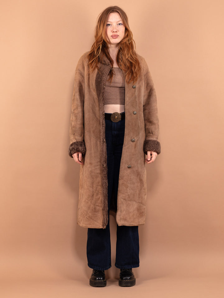 Vintage 80's Women Long Sheepskin Coat in Brown - NorthernGrip