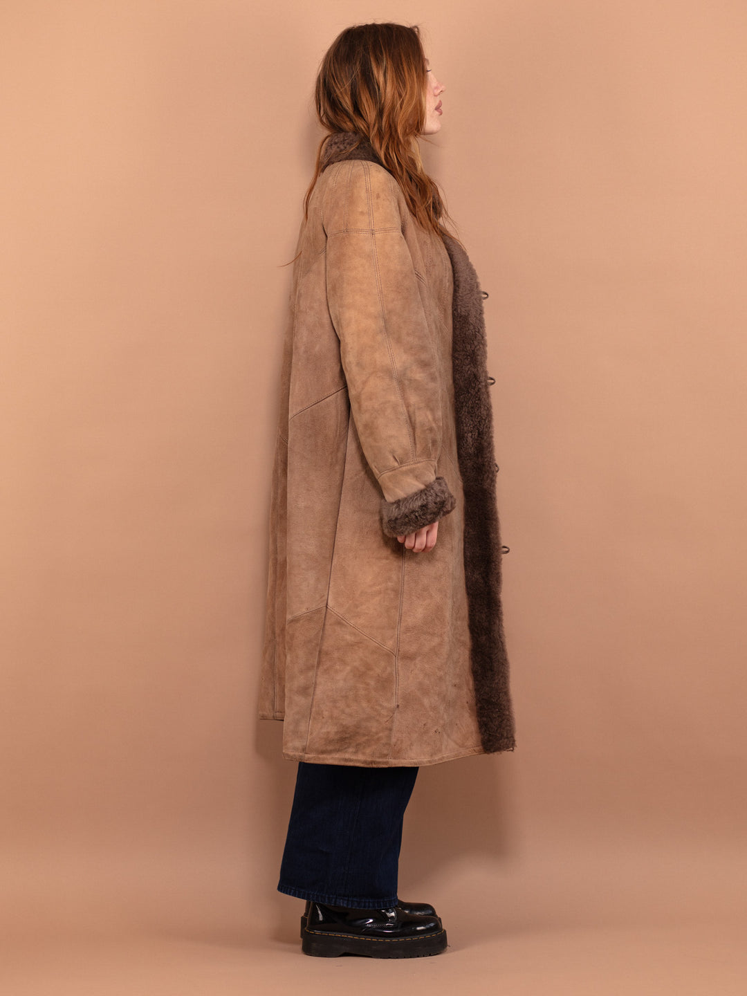 Vintage 80's Women Long Sheepskin Coat in Brown - NorthernGrip