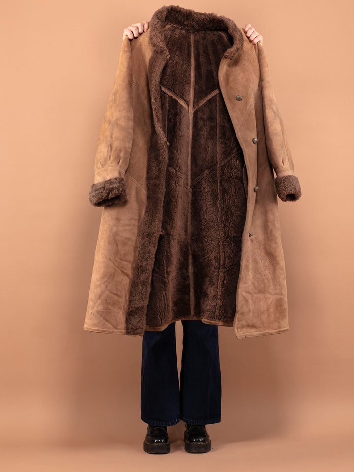 Vintage 80's Women Long Sheepskin Coat in Brown - NorthernGrip