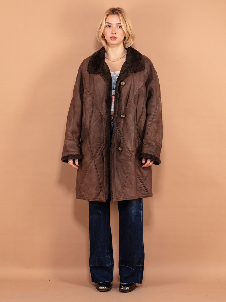 Vintage 80's Women Sheepskin Leather Coat in Brown - NorthernGrip