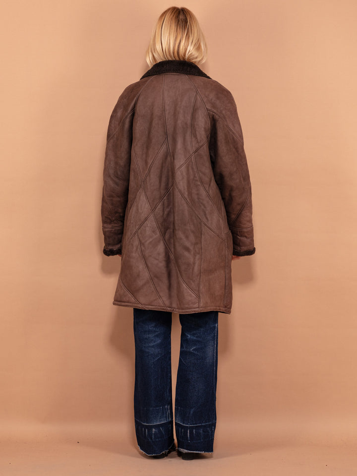 Vintage 80's Women Sheepskin Leather Coat in Brown - NorthernGrip