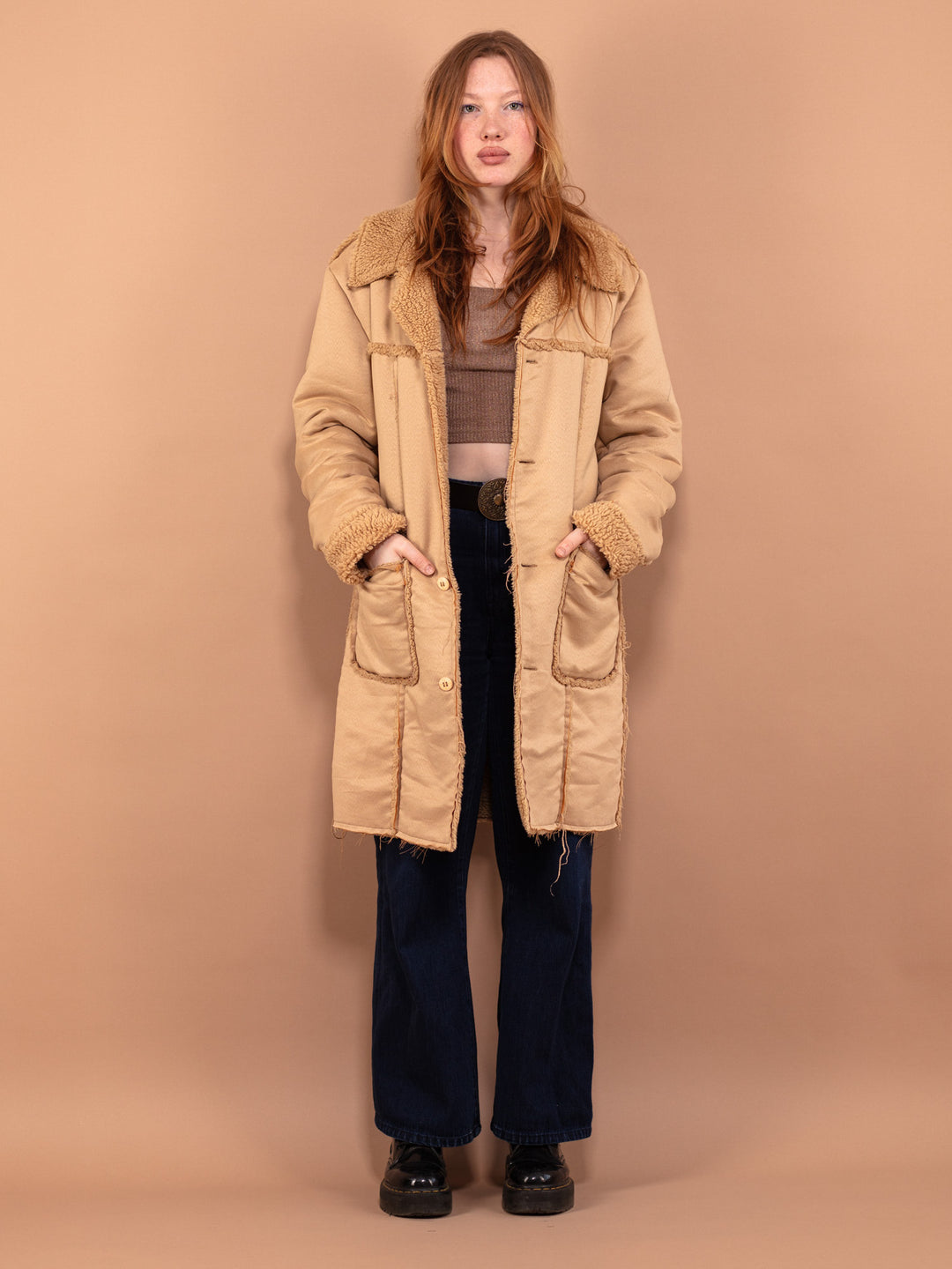 Vintage 90's Women Faux Sheepskin Coat in Beige - NorthernGrip