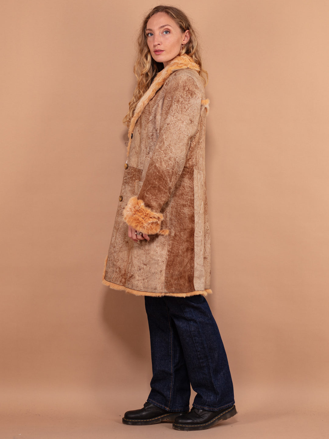 Vintage 90's Women Fur Trim Leather Coat in Brown - NorthernGrip