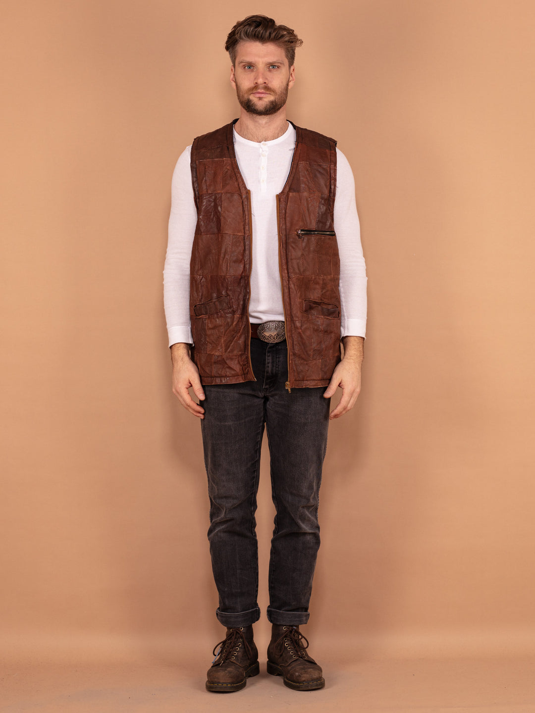 Vintage 80's Men Sherpa Lined Patchwork Leather Vest in Brown - NorthernGrip