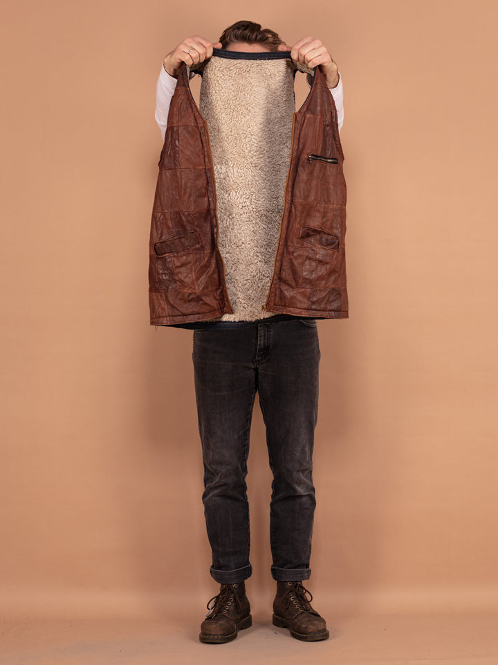 Vintage 80's Men Sherpa Lined Patchwork Leather Vest in Brown - NorthernGrip