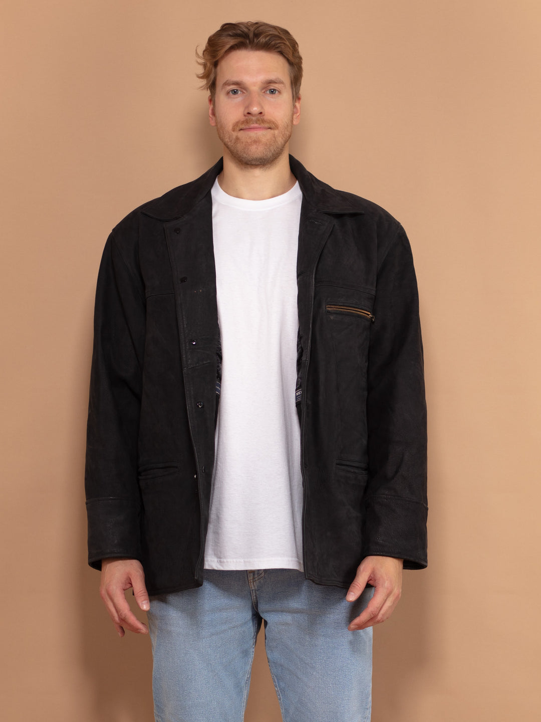 Vintage 90's Men Suede Button Up Jacket in Black - NorthernGrip