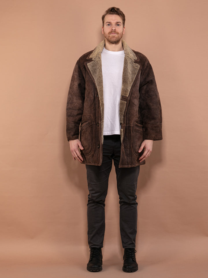 Vintage 90's Men Shearling Suede Coat in Brown - NorthernGrip
