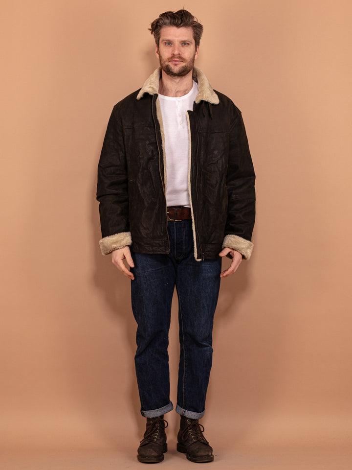 Vintage 90's Men Faux Fur Lined Leather Jacket in Black - NorthernGrip