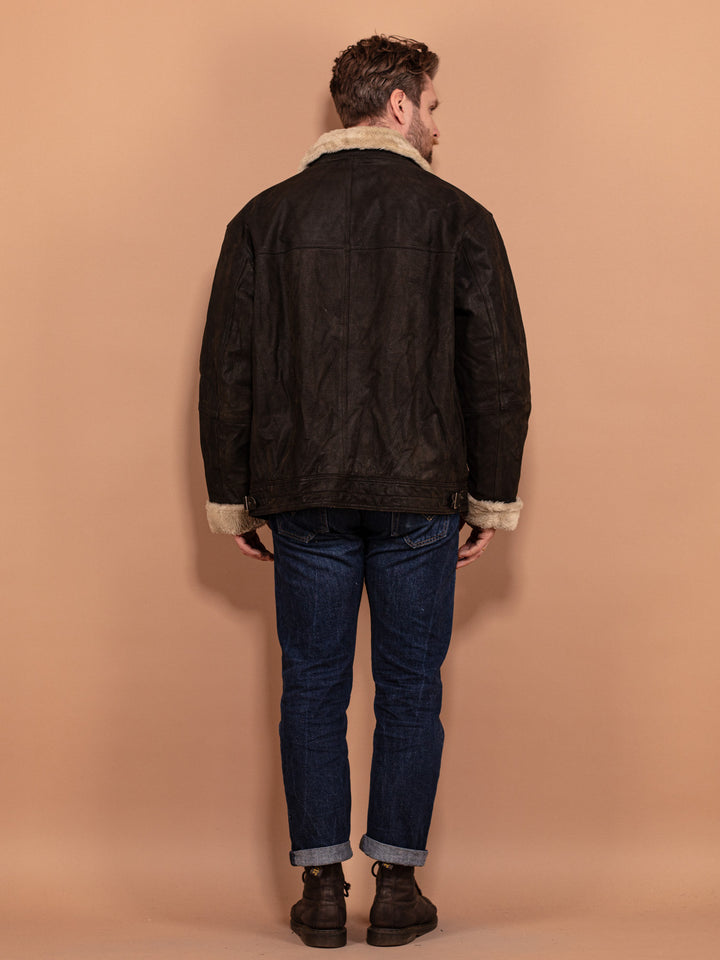 Vintage 90's Men Faux Fur Lined Leather Jacket in Black - NorthernGrip