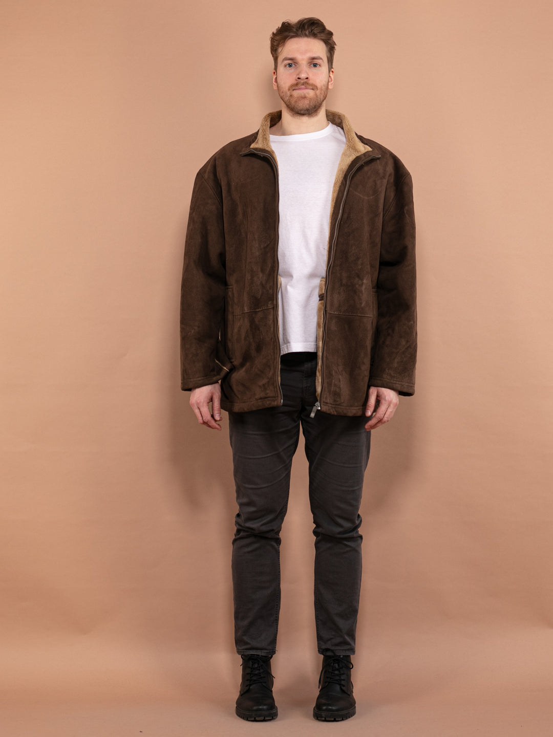 Vintage 90's Men Faux Sheepskin Jacket in Brown - NorthernGrip