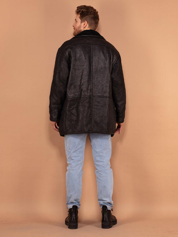 Vintage 90's Men Sheepskin Leather Coat in Black - NorthernGrip