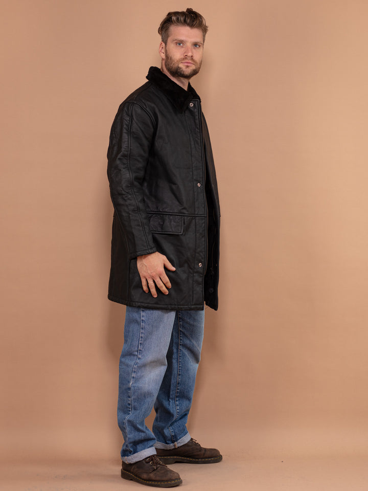 Vintage 90's Men Leather Sherpa Coat in Black - NorthernGrip