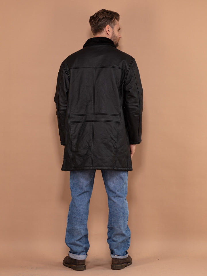 Vintage 90's Men Leather Sherpa Coat in Black - NorthernGrip