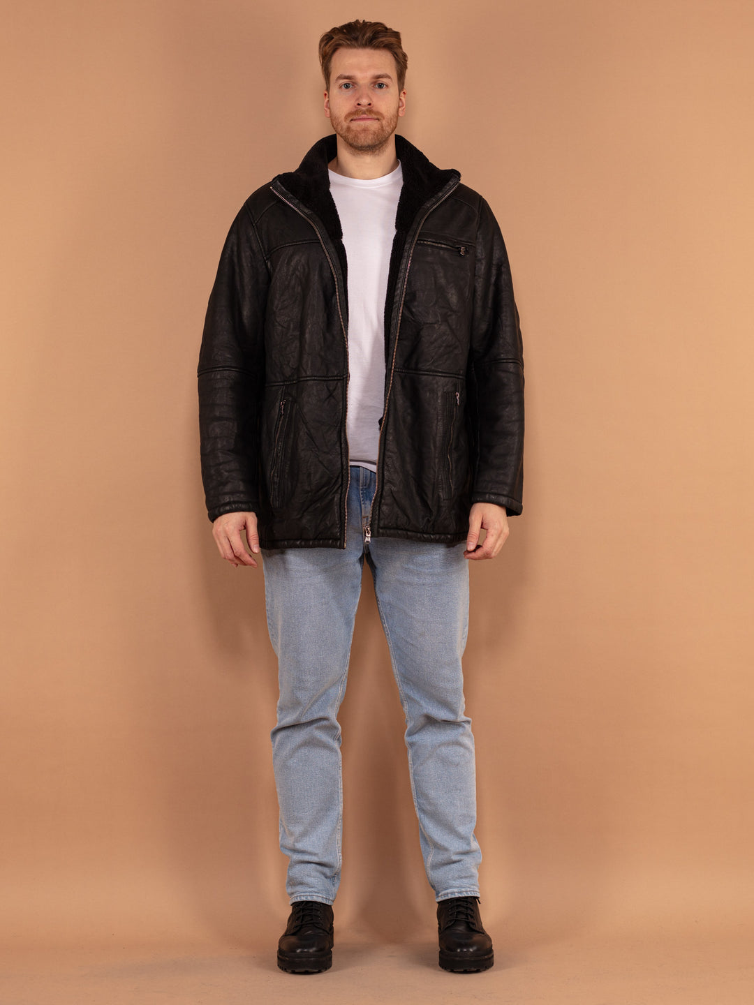 Vintage 90's Men Leather Sherpa Jacket in Black - NorthernGrip
