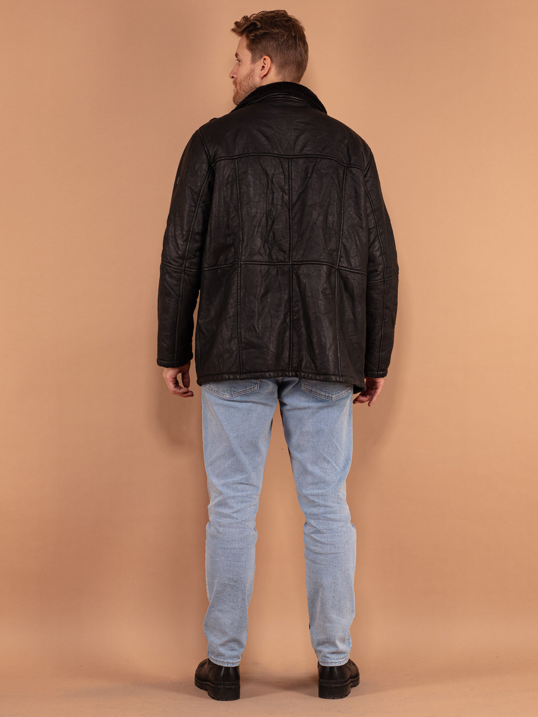 Vintage 90's Men Leather Sherpa Jacket in Black - NorthernGrip
