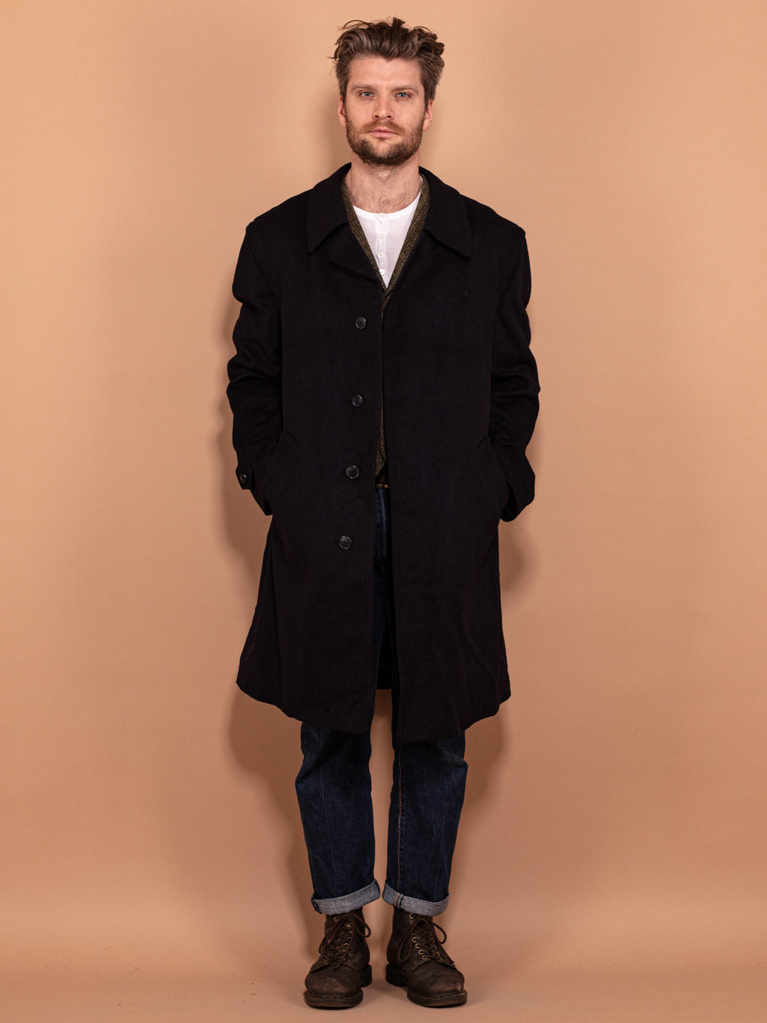 Vintage 90's Men Loden Wool Overcoat in Navy Blue - NorthernGrip