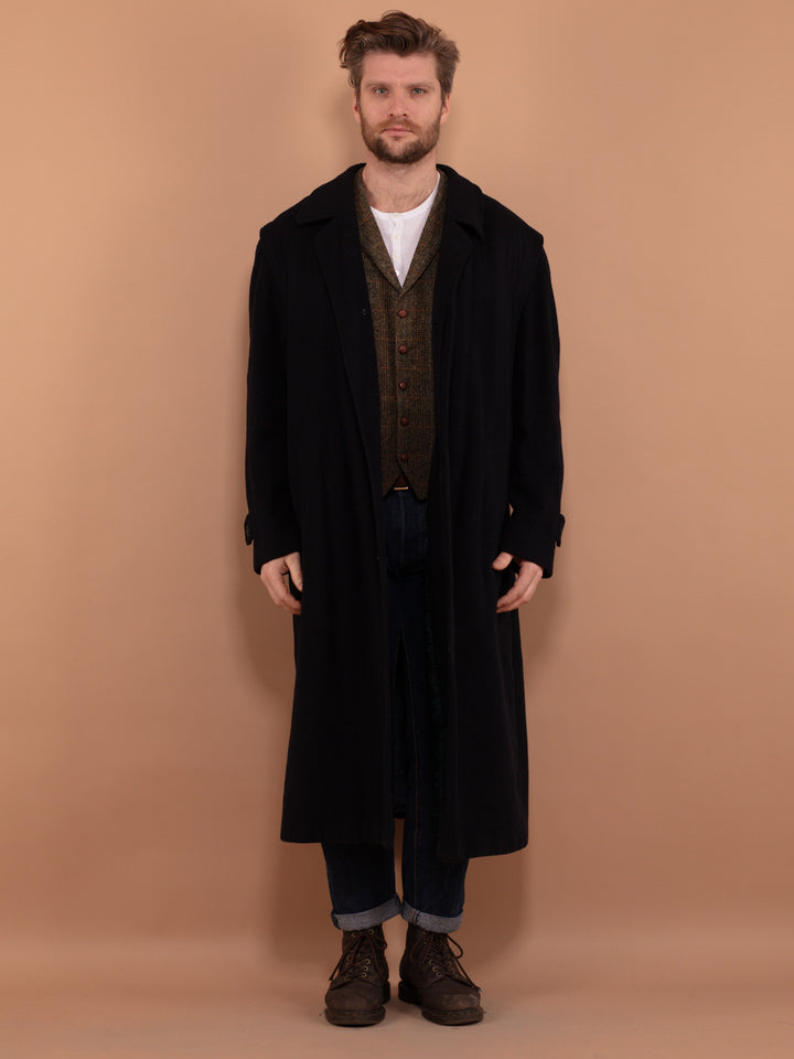 Vintage 90's Men Maxi Wool Blend Coat in Navy Blue - NorthernGrip