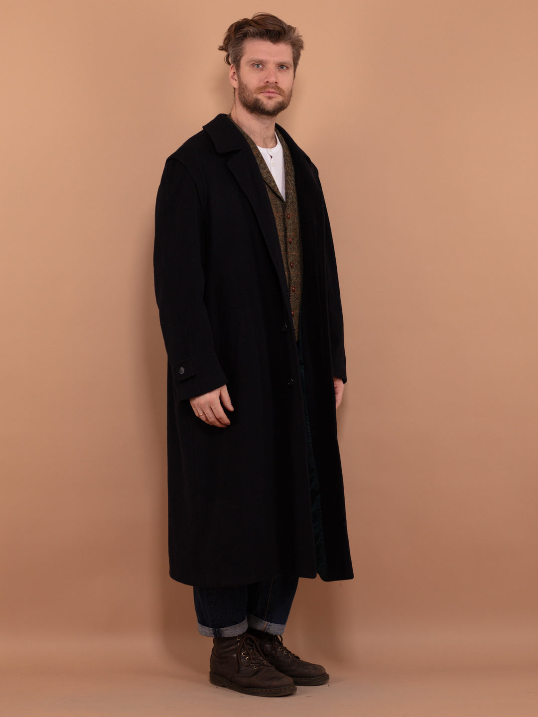 Vintage 90's Men Maxi Wool Blend Coat in Navy Blue - NorthernGrip