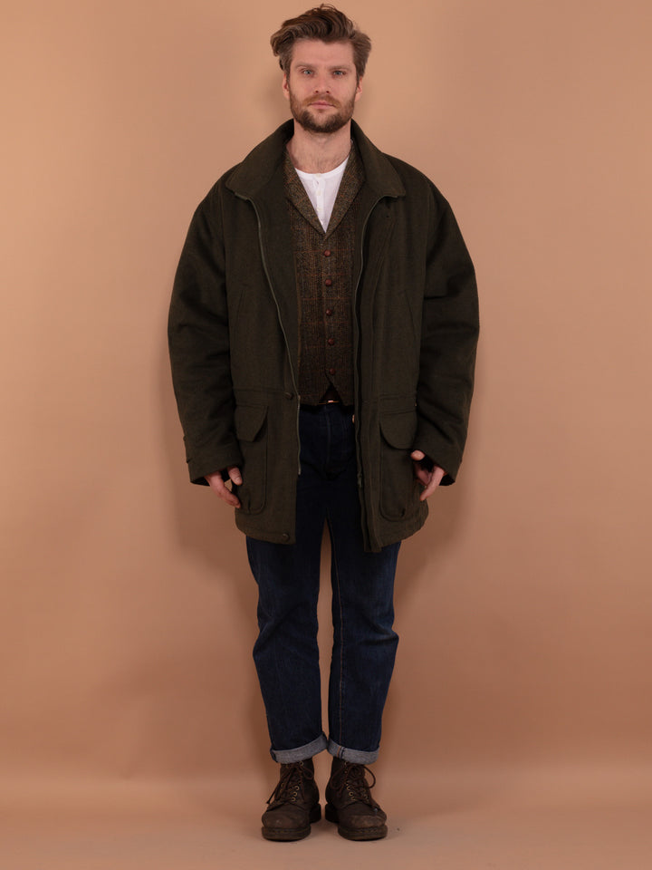 Vintage 90's Men Padded Wool Blend Parka Coat in Khaki Green - NorthernGrip