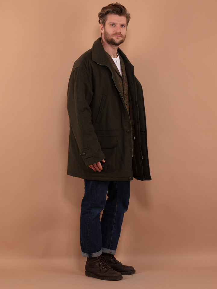 Vintage 90's Men Padded Wool Blend Parka Coat in Khaki Green - NorthernGrip