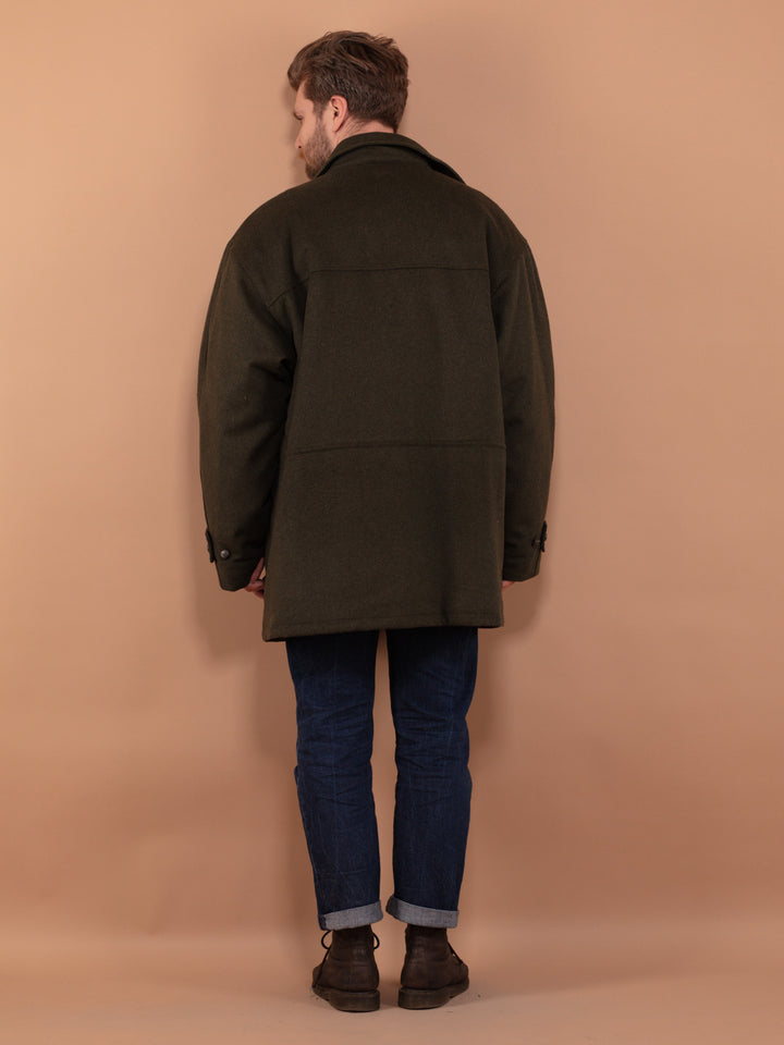 Vintage 90's Men Padded Wool Blend Parka Coat in Khaki Green - NorthernGrip