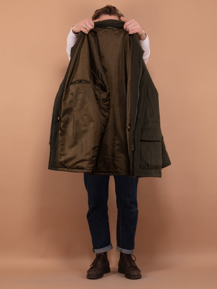 Vintage 90's Men Padded Wool Blend Parka Coat in Khaki Green - NorthernGrip