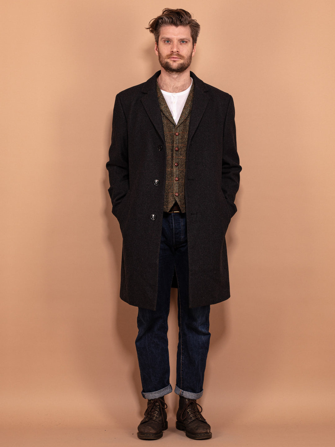 Vintage 90's Men Wool Blend Coat in Dark Grey - NorthernGrip
