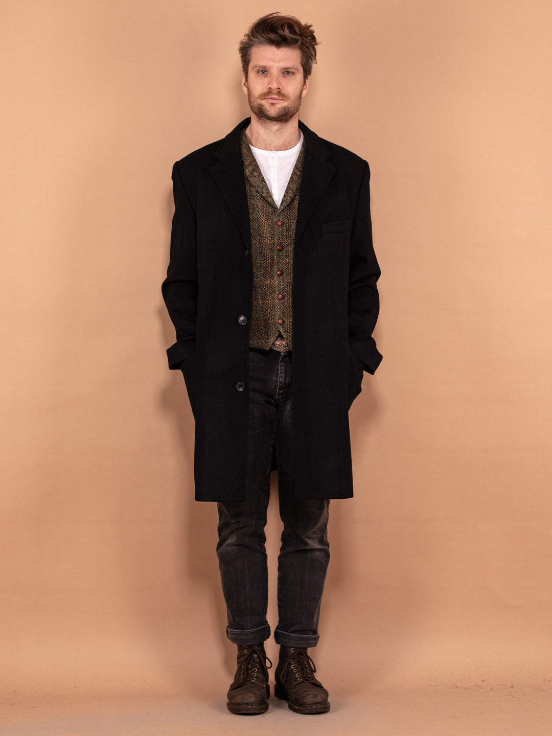 Vintage 90's Men Wool and Cashmere Coat in Black - NorthernGrip