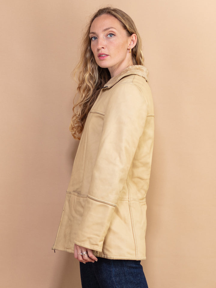Vintage 90's Women Hugo Boss Sheepskin Leather Coat in Beige - NorthernGrip