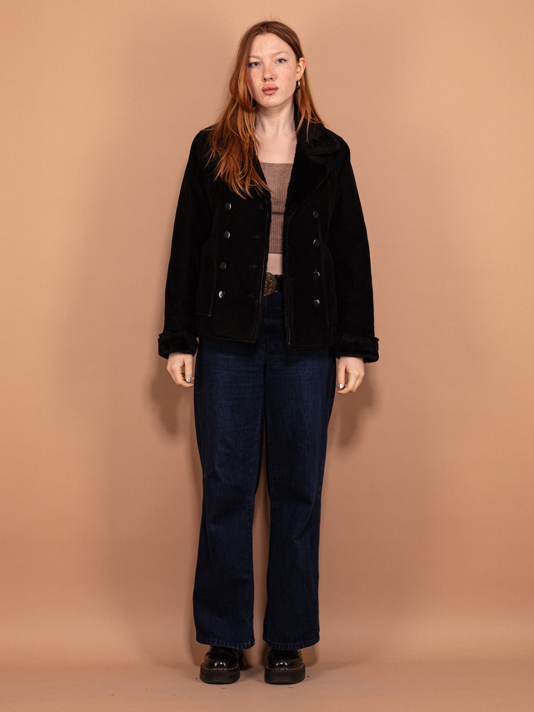 Vintage 90's Women Sherpa Lined Velour Jacket in Black - NorthernGrip