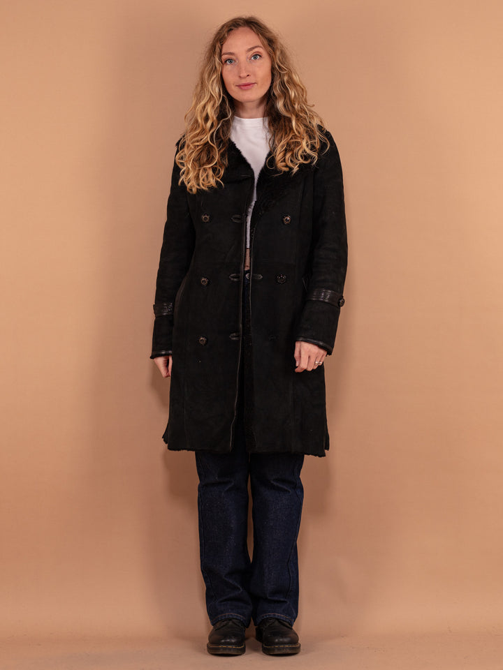 Vintage 90's Women Sheepskin Fur Coat in Black - NorthernGrip