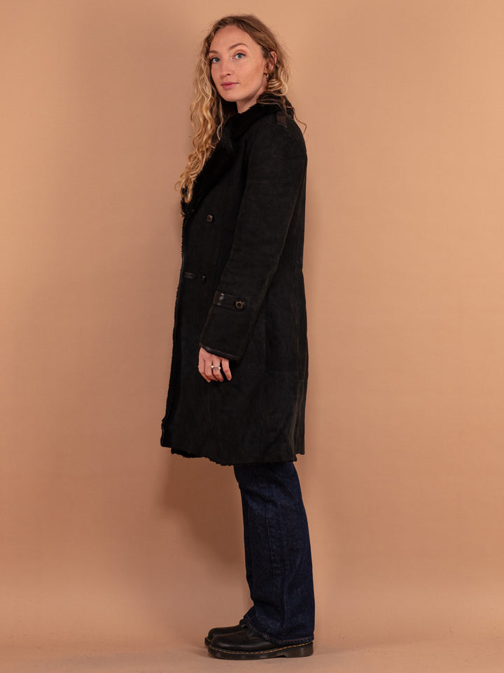 Vintage 90's Women Sheepskin Fur Coat in Black - NorthernGrip