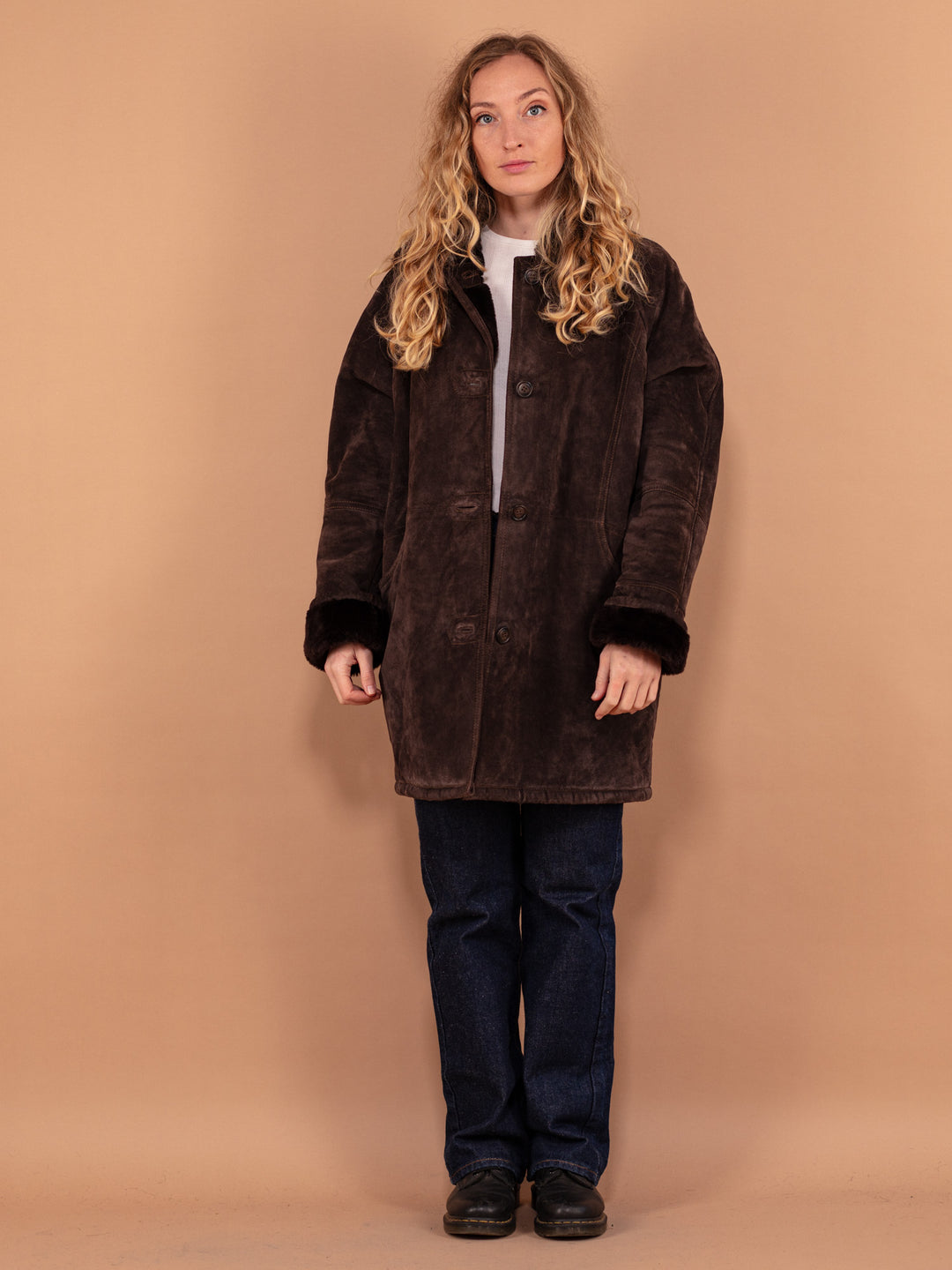 Vintage 90's Women Suede Sherpa Coat in Dark Brown - NorthernGrip