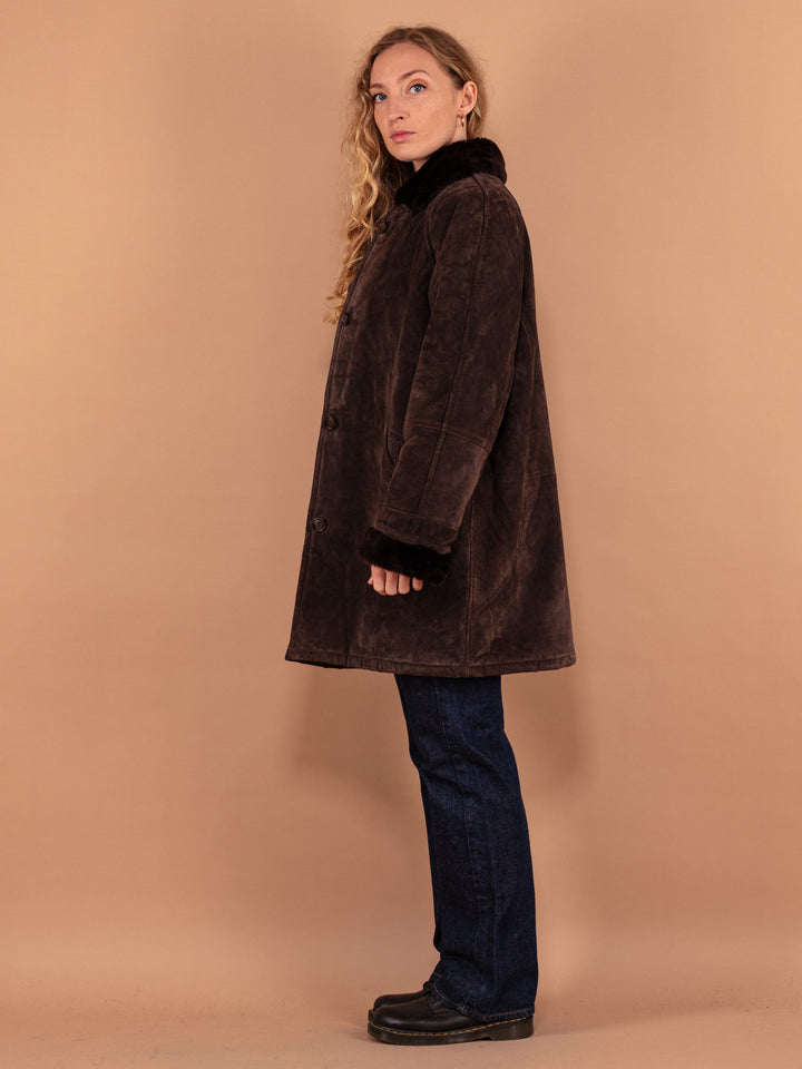 Vintage 90's Women Suede Sherpa Coat in Dark Brown - NorthernGrip