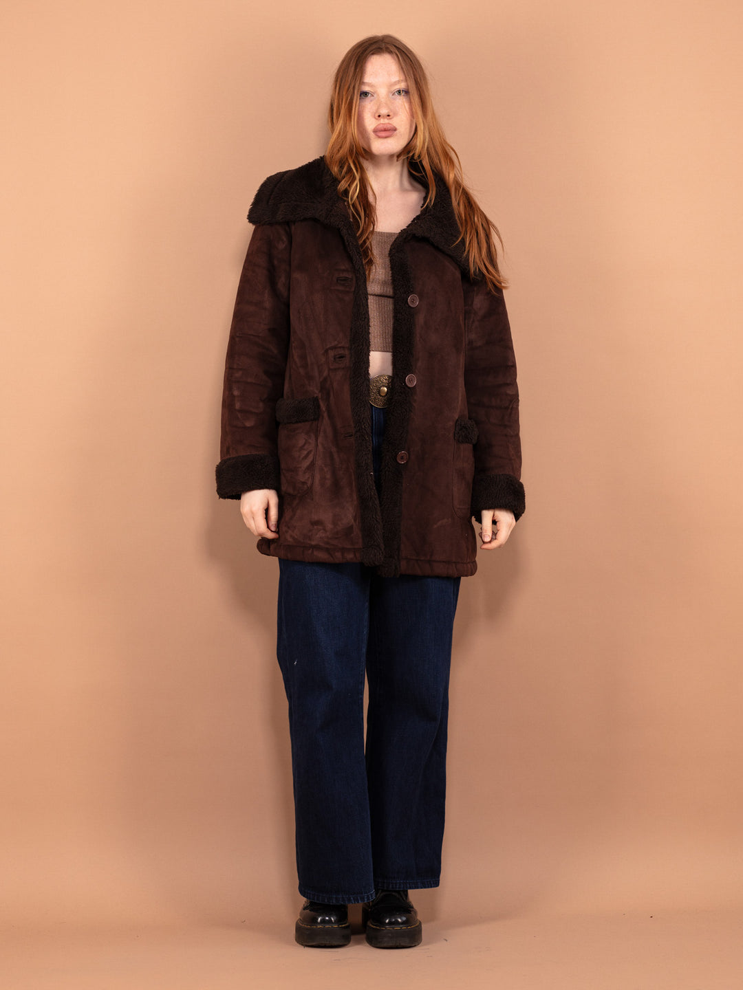 Vintage 90's Women Faux Sheepskin Coat in Dark Brown - NorthernGrip