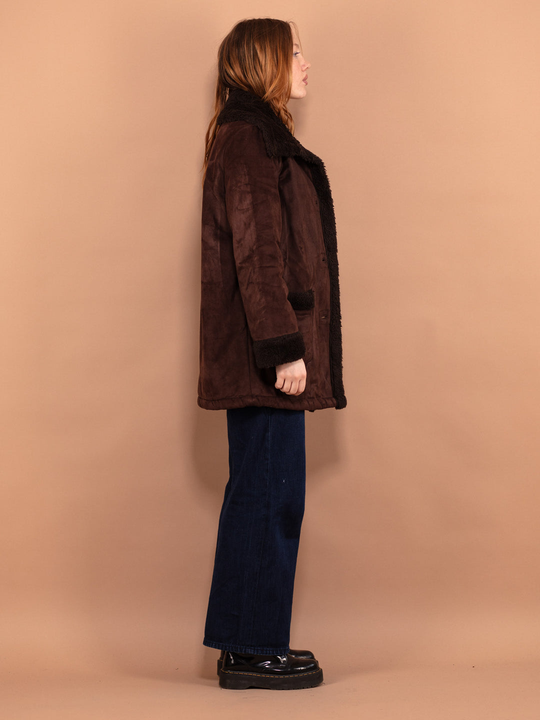 Vintage 90's Women Faux Sheepskin Coat in Dark Brown - NorthernGrip